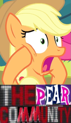 Size: 323x559 | Tagged: safe, edit, edited screencap, screencap, applejack, earth pony, pony, the perfect pear, aj styles, apple bloom's bow, bow, caption, dishonorapple, expand dong, exploitable meme, hair bow, image macro, meme, pear, shocked, solo, that pony sure does hate pears
