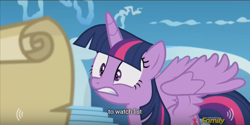 Size: 640x320 | Tagged: safe, artist:mlp-captions, derpibooru import, screencap, twilight sparkle, twilight sparkle (alicorn), alicorn, pony, the cutie re-mark, discovery family logo, meme, youtube caption