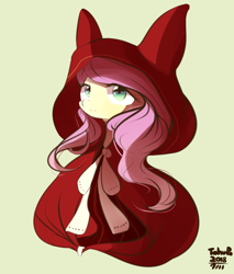 Size: 766x900 | Tagged: safe, artist:tohupo, fluttershy, pegasus, pony, female, green background, mare, red riding hood, simple background, solo