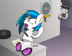 Size: 1648x1292 | Tagged: dead source, safe, artist:verzi-9, dj pon-3, octavia melody, vinyl scratch, earth pony, pony, earbuds, phone, prank, smartphone, wub