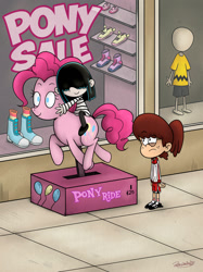 Size: 1024x1366 | Tagged: safe, artist:parasomnico, pinkie pie, human, charlie brown, clothes, crossover, female, lucy loud, lynn loud, nickelodeon, peanuts, pony ride, shoes, siblings, sisters, the loud house