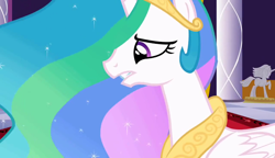 Size: 1280x738 | Tagged: safe, screencap, princess celestia, alicorn, pony, the return of harmony, carpet, crown, female, folded wings, jewelry, mare, pillar, regalia, solo, statue, wings, worried