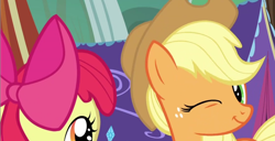 Size: 1120x572 | Tagged: safe, screencap, apple bloom, applejack, earth pony, pony, campfire tales, cowboy hat, female, hat, one eye closed, sisters, smiling, tent, wink