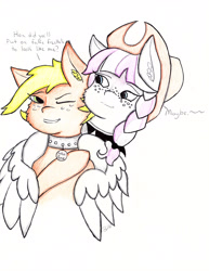 Size: 2550x3300 | Tagged: safe, artist:zalla661, applejack, inky rose, earth pony, pony, honest apple, accessory swap, collar, crack shipping, ear fluff, female, high res, hug, inkyjack, lesbian, pet tag, shipping, traditional art, winghug