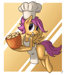 Size: 310x350 | Tagged: safe, artist:tg-0, scootaloo, pegasus, pony, apron, chef, chicken nugget, clothes, pixel art, scootachicken, solo