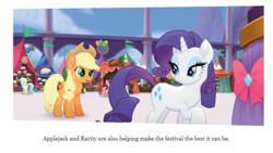 Size: 1136x640 | Tagged: safe, applejack, rarity, earth pony, pony, unicorn, my little pony: the movie, spoiler:my little pony movie the junior novel, canterlot, text