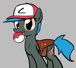 Size: 500x445 | Tagged: safe, artist:whatsapokemon, oc, oc only, oc:jade shine, pegasus, pony, ask-jade-shine, bound wings, female, golden eyes, hat, jade shine's toolbelt, mouth hold, pokéball, solo, solo female, toolbelt