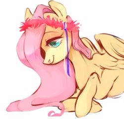 Size: 615x591 | Tagged: safe, artist:catzino, fluttershy, pegasus, pony, female, floral head wreath, flower, mare, prone, ribbon, simple background, smiling, solo, white background