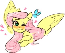 Size: 895x734 | Tagged: safe, artist:catzino, fluttershy, butterfly, pegasus, pony, blushing, female, heart, mare, one eye closed, simple background, smiling, solo, white background, wink