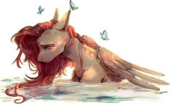 Size: 1280x790 | Tagged: safe, artist:samarina, fluttershy, butterfly, pegasus, pony, crying, female, mare, simple background, solo, water, white background