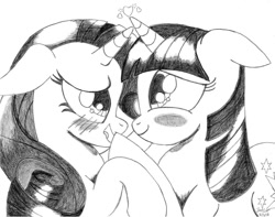 Size: 1006x794 | Tagged: safe, artist:mark-terron, derpibooru import, rarity, twilight sparkle, pony, unicorn, female, lesbian, monochrome, rarilight, shipping