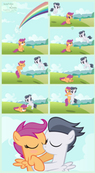 Size: 1920x3484 | Tagged: safe, artist:adcoon, rumble, scootaloo, pegasus, pony, colt, comic, female, filly, kissing, male, no dialogue, rumbloo, scootaloo can't fly, shipping, straight