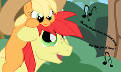 Size: 4448x2632 | Tagged: safe, artist:aaronmk, applejack, bright mac, earth pony, pony, father and child, father and daughter, female, male, parent and child, pete seeger, song reference, text, vector, what did you learn in school, younger