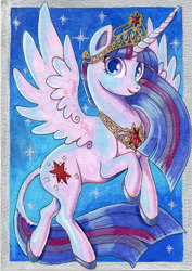 Size: 1752x2471 | Tagged: safe, artist:the-hare, derpibooru import, twilight sparkle, twilight sparkle (alicorn), alicorn, classical unicorn, pony, flying, leonine tail, solo, traditional art