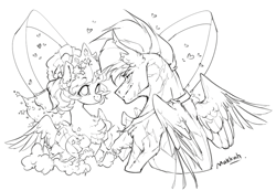 Size: 926x640 | Tagged: safe, artist:maggephah, flash sentry, twilight sparkle, alicorn, pegasus, pony, black and white, blush sticker, blushing, crown, female, flashlight, grayscale, jewelry, lineart, looking at each other, male, marriage, monochrome, regalia, scar, shipping, simple background, straight, wedding, wedding veil, white background