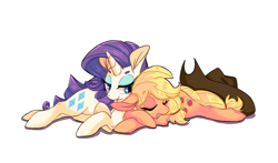 Size: 1700x1000 | Tagged: safe, artist:phyllismi, applejack, rarity, earth pony, pony, unicorn, cowboy hat, cuddling, female, hat, lesbian, mare, prone, rarijack, shipping, simple background, sleeping, smiling, stetson