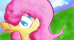 Size: 1920x1037 | Tagged: safe, fluttershy, pegasus, pony, digital, grass, painting, sky, solo