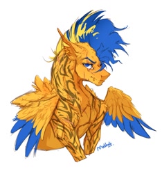 Size: 934x997 | Tagged: safe, artist:maggephah, flash sentry, pegasus, pony, alternate design, bust, colored wings, colored wingtips, eye scar, flash hunktry, lip piercing, lip ring, piercing, scar, simple background, solo, tattoo, torn ear, white background