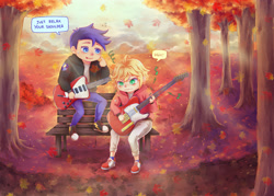Size: 2800x2000 | Tagged: safe, artist:nikyuuchan, flash sentry, human, equestria girls, autumn, bench, clothes, commission, converse, crossover, cygames, dragalia lost, embarrassed, euden, falling leaves, frustrated, guitar, hoodie, jacket, jeans, leaves, musical instrument, nintendo, pants, park, park bench, playing instrument, shoes, socks, speech bubble, sunlight, teaching, tongue out, tree, trousers, vincent tong, voice actor joke
