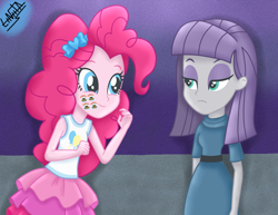 Size: 1100x850 | Tagged: safe, artist:liniitadash23, maud pie, pinkie pie, better together, equestria girls, the maud couple, clothes, dress, equestria girls interpretation, female, lidded eyes, looking at each other, scene interpretation, sisters, skirt, smiling