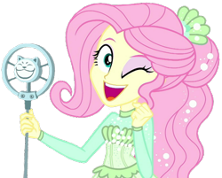 Size: 512x412 | Tagged: safe, edit, edited screencap, editor:i-mlp2020, screencap, fluttershy, better together, equestria girls, so much more to me, background removed, clothes, cute, female, happy, microphone, one eye closed, shyabetes, simple background, smiling, solo, transparent background, wink