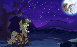 Size: 3427x2104 | Tagged: safe, artist:wewius, applejack, fluttershy, bat, bat pony, original species, timber pony, timber wolf, bat ponified, flutterbat, flying, full moon, moon, race swap, species swap, timber wolfified, timberjack, vs.