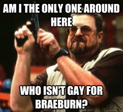 Size: 497x456 | Tagged: safe, braeburn, am i the only one around here, barely pony related, everypony's gay for braeburn, image macro, meme, meta, text, the big lebowski, walter sobchak