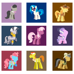 Size: 466x466 | Tagged: safe, artist:steveholt, part of a set, carrot cake, cheerilee, cup cake, daring do, diamond tiara, dj pon-3, octavia melody, vinyl scratch, zecora, earth pony, pony, zebra, minimalist, simple background