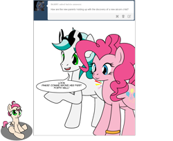 Size: 1026x839 | Tagged: safe, artist:dekomaru, pinkie pie, oc, oc:confetti, oc:dazzle, alicorn, earth pony, pony, alicorn oc, ask, baby, baby pony, diaper, female, filly, foal, fourth wall, offspring, parent:oc:dazzle, parent:pinkie pie, parents:canon x oc, tumblr, tumblr:ask twixie