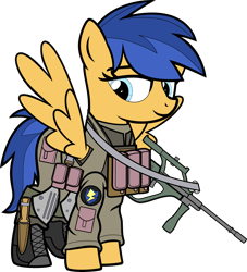 Size: 8000x8806 | Tagged: safe, artist:icey-wicey-1517, artist:n0kkun, color edit, edit, flare warden, flash sentry, pegasus, pony, collaboration, alternate hairstyle, armor, belt, boots, clothes, colored, combat armor, combat boots, female, gun, knee pads, mare, military, military uniform, pants, pouch, rifle, rule 63, shoes, simple background, smiling, smirk, solo, spetsnaz, steyr aug, transparent background, weapon