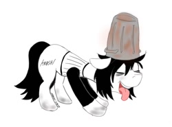 Size: 1080x800 | Tagged: safe, artist:dreadlime, oc, oc only, oc:trash, /trash/, 4chan, clothes, eyes closed, hat, open mouth, simple background, solo, stretching, tongue out, trash, trash can, white background