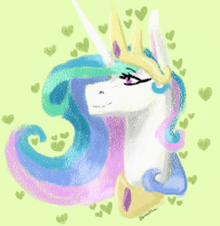 Size: 548x564 | Tagged: safe, artist:d3pressedr4inbow, princess celestia, alicorn, pony, bust, ethereal mane, eyebrows visible through hair, female, green background, heart, jewelry, mare, regalia, simple background, smiling, solo