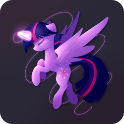 Size: 1024x1026 | Tagged: safe, artist:felcia, derpibooru import, twilight sparkle, twilight sparkle (alicorn), alicorn, pony, eyes closed, glowing horn, magic, simple background, solo