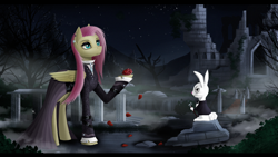 Size: 3920x2205 | Tagged: safe, artist:dezdark, angel bunny, fluttershy, pegasus, pony, rabbit, clothes, female, flower, flower petals, fluttergoth, graveyard, mare, mist, night, petals, rose, ruins, tree