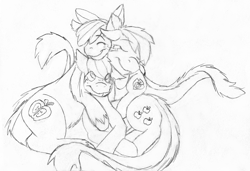 Size: 2957x2019 | Tagged: safe, artist:wesleyfoxx, derpibooru exclusive, apple bloom, applejack, big macintosh, monster pony, original species, tatzlpony, cuddle puddle, cuddling, ear fluff, hug, lying down, monochrome, on side, pencil drawing, pony pile, sketch, smiling, snuggling, species swap, tatzlbloom, tatzljack, tatzlmac, traditional art