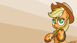 Size: 2880x1620 | Tagged: safe, artist:ashtoneer, applejack, earth pony, pony, cel shading, dirt, hat, looking at you, mud, muddy, rope, simple background, solo