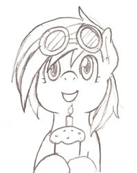 Size: 373x470 | Tagged: safe, artist:i am nude, dj pon-3, vinyl scratch, pony, unicorn, birthday candle, cupcake, cute, diabetes, female, glasses, looking at you, mare, monochrome, simple background, smiling, solo, traditional art, white background