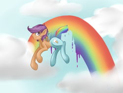 Size: 1280x966 | Tagged: safe, artist:sorenbrian, scootaloo, pegasus, pony, bodypaint, cloud, cloudy, female, filly, flying, liquid rainbow, paint, paint in hair, paint on feathers, paint on fur, painting characters, rainbow, recolor, role reversal, solo