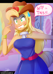 Size: 1120x1560 | Tagged: safe, artist:the-butch-x, applejack, eqg summertime shorts, equestria girls, make up shake up, and then there's rarity, angry, applejewel, bare shoulders, beautiful, carousel boutique, clothes, commission, cowboy hat, dialogue, dress, eyeshadow, fall formal outfits, female, freckles, hat, lipstick, makeup, shoulder freckles, solo, stetson