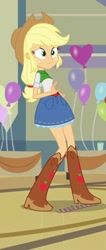 Size: 396x934 | Tagged: safe, screencap, applejack, equestria girls, equestria girls (movie), balloon, boots, clothes, cowboy boots, cowboy hat, cropped, denim skirt, hat, shoes, skirt, solo, stetson