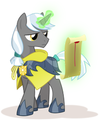 Size: 1800x2200 | Tagged: safe, artist:equestria-prevails, oc, oc only, oc:aster, pony, unicorn, armor, cape, clothes, levitation, lidded eyes, magic, male, reading, scroll, simple background, solo, stallion, tail wrap, telekinesis, transparent background, wizard