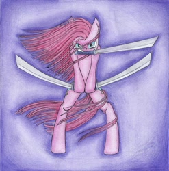 Size: 1024x1037 | Tagged: safe, artist:islamilenaria, pinkie pie, earth pony, pony, bipedal, mouth hold, one piece, santoryu, solo, sword, traditional art, weapon, windswept mane