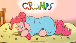 Size: 2560x1440 | Tagged: safe, artist:luvlessi, pinkie pie, earth pony, pony, fanfic:grumps!, bed, blanket, fanfic, fanfic art, frown, grumpy, no pupils, prone, solo