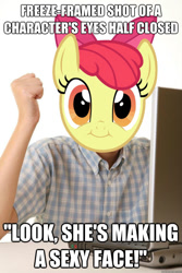 Size: 625x937 | Tagged: safe, apple bloom, bedroom eyes, exploitable meme, first day brony, image macro, meme, meta