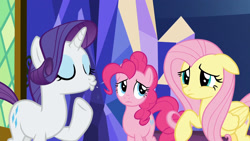 Size: 1920x1080 | Tagged: safe, screencap, fluttershy, pinkie pie, rarity, earth pony, pegasus, pony, unicorn, school daze, duckface, spit, twilight's castle