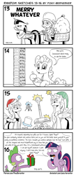 Size: 1320x3035 | Tagged: safe, artist:pony-berserker, pinkie pie, princess celestia, princess luna, spike, twilight sparkle, twilight sparkle (alicorn), alicorn, dragon, earth pony, pony, pony-berserker's twitter sketches, angry, black and white, bowl, bridle, butter, celestia is not amused, christmas, clothes, costume, elf hat, female, food, grayscale, hat, holiday, i can't believe it's not idw, luna is not amused, lunar lander, magic, male, mane, mare, monochrome, not amused face, present, reins, rick and morty, rick sanchez, santa costume, santa hat, santa sack, scale, sibling rivalry, signature, simple background, sketch, sleigh, smug, solo, speech bubble, style emulation, tack, telekinesis, this will end in tears and/or a journey to the moon, twirick, unamused, white background, winged spike, yoke