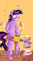 Size: 1100x2000 | Tagged: safe, artist:paulyt7, derpibooru import, twilight sparkle, pony, bipedal, cake, chainsaw, food, solo, standing, twilight snapple