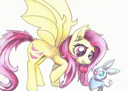 Size: 934x665 | Tagged: safe, artist:astevenamedwolf, fluttershy, bat pony, pony, vampire fruit bat, apple, cute, female, flutterbat, food, mare, race swap, shyabetes, simple background, traditional art, white background