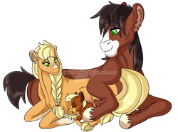 Size: 1100x817 | Tagged: safe, artist:bijutsuyoukai, applejack, trouble shoes, oc, oc:stout pout, earth pony, pony, blaze (coat marking), braid, family, female, filly, male, mare, offspring, parent:applejack, parent:trouble shoes, parents:troublejack, pregnant, prone, shipping, simple background, socks (coat marking), stallion, straight, transparent background, trio, troublejack