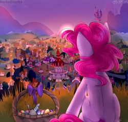 Size: 3047x2895 | Tagged: safe, artist:racheldantes, discord, pinkie pie, earth pony, pony, basket, easter, easter basket, easter egg, female, holiday, mare, ponyville, rear view, sunset